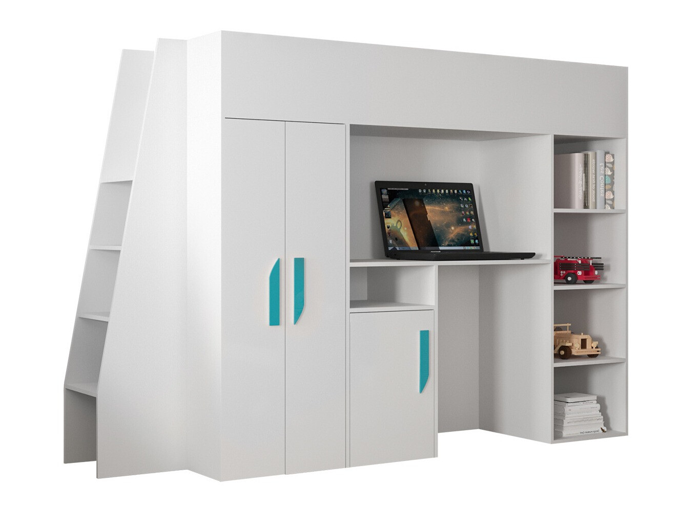 Cama alta Hartford 355 (Branco + Branco brilhante + Turquesa)