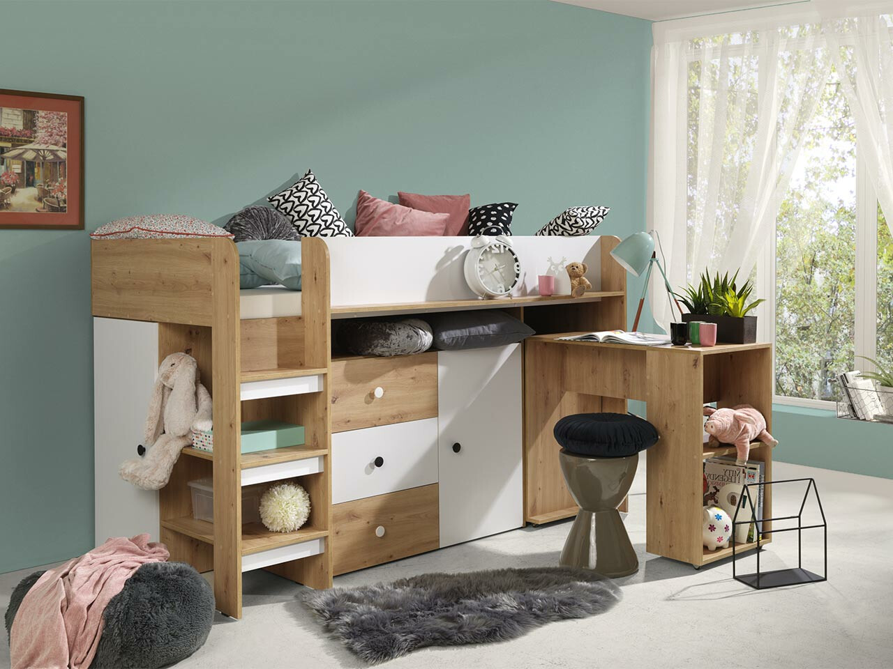 Cama alta Hartford 359 (Carvalho Artisan + Branco)