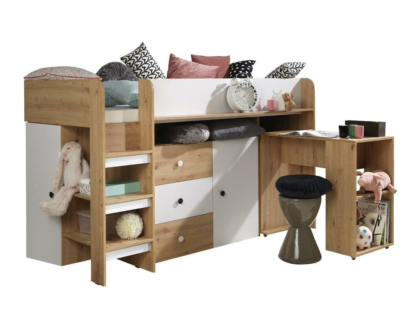 Cama alta Hartford 359 (Carvalho Artisan + Branco)