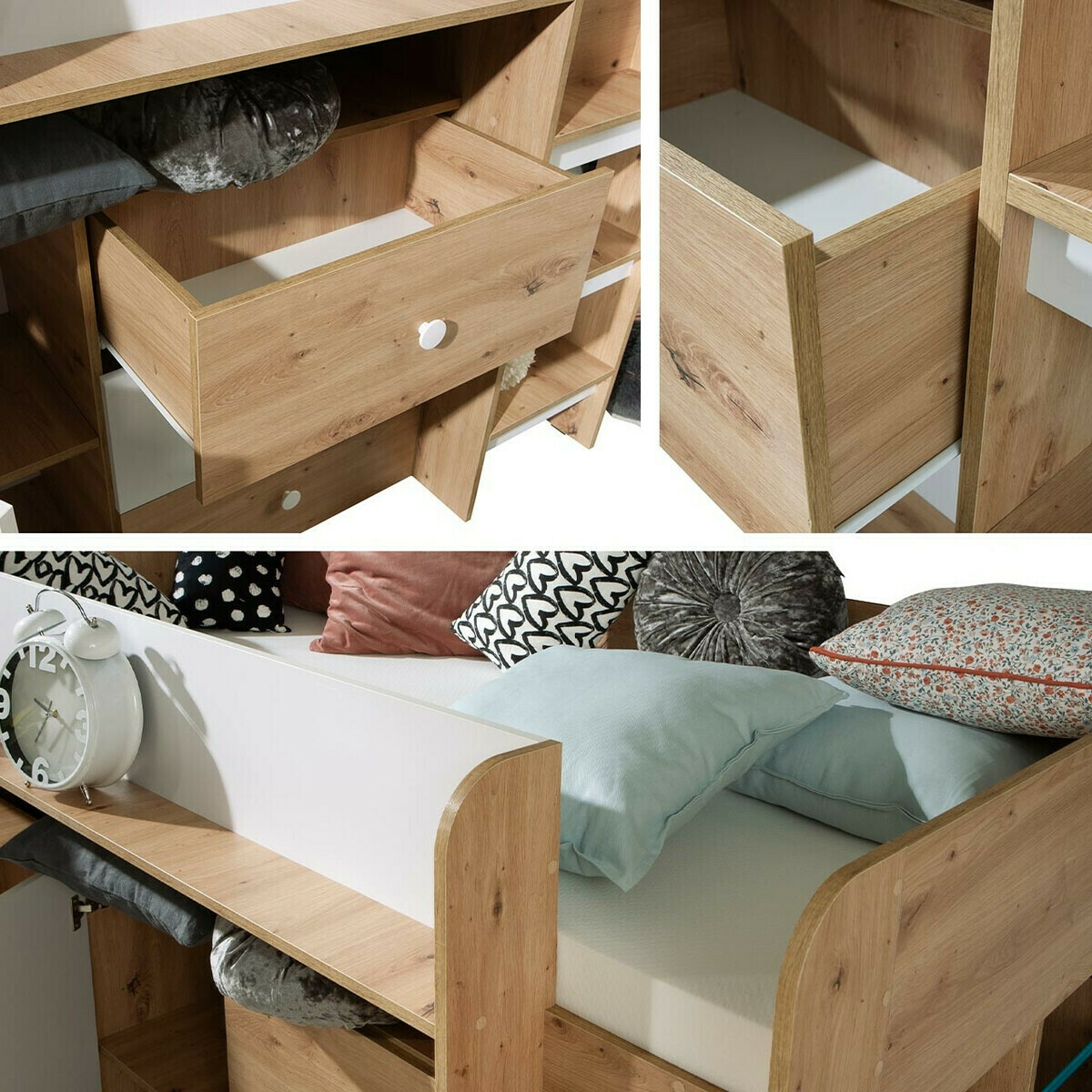 Cama alta Hartford 359 (Carvalho Artisan + Branco)