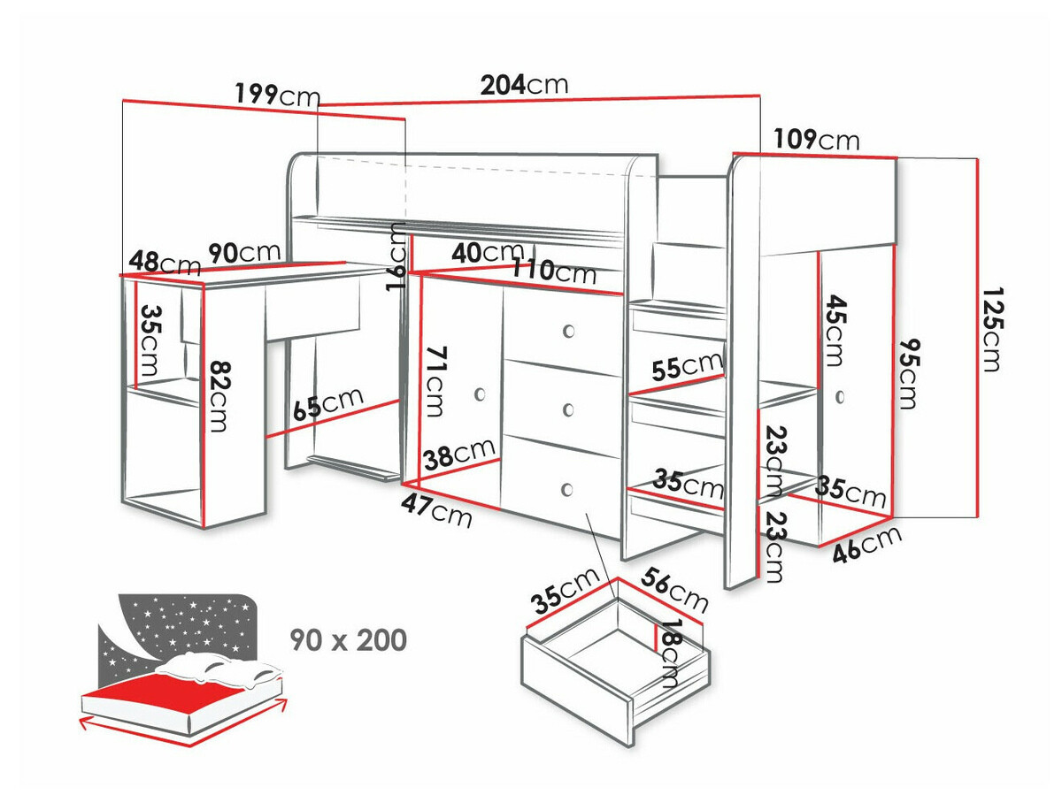 Cama alta Hartford 359 (Carvalho Artisan + Branco)