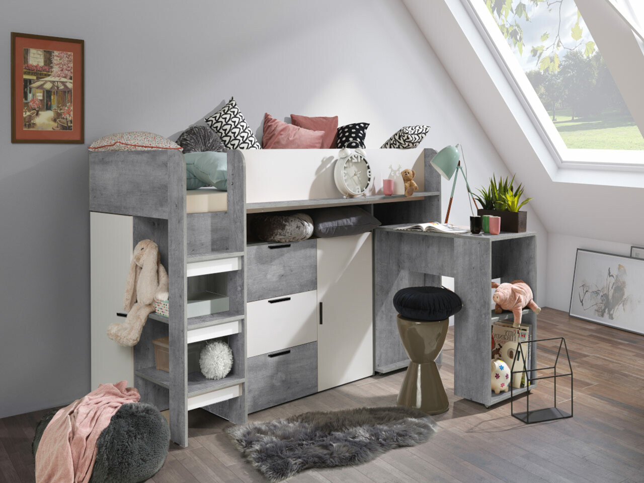 Cama alta Hartford 363 (Cimento + Branco)