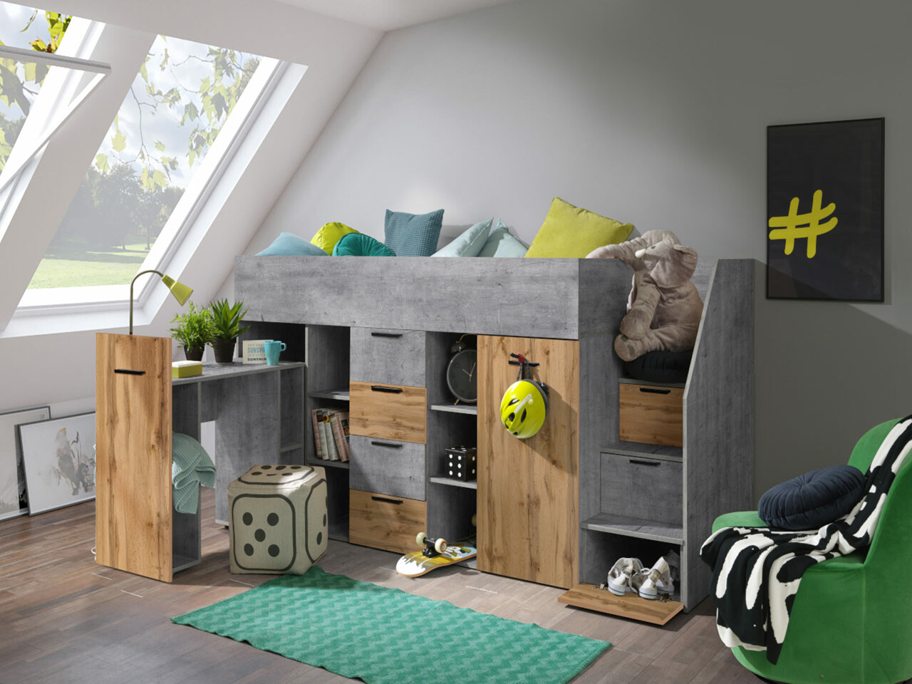 Cama alta Hartford 364 (Cimento + Carvalho wotan)