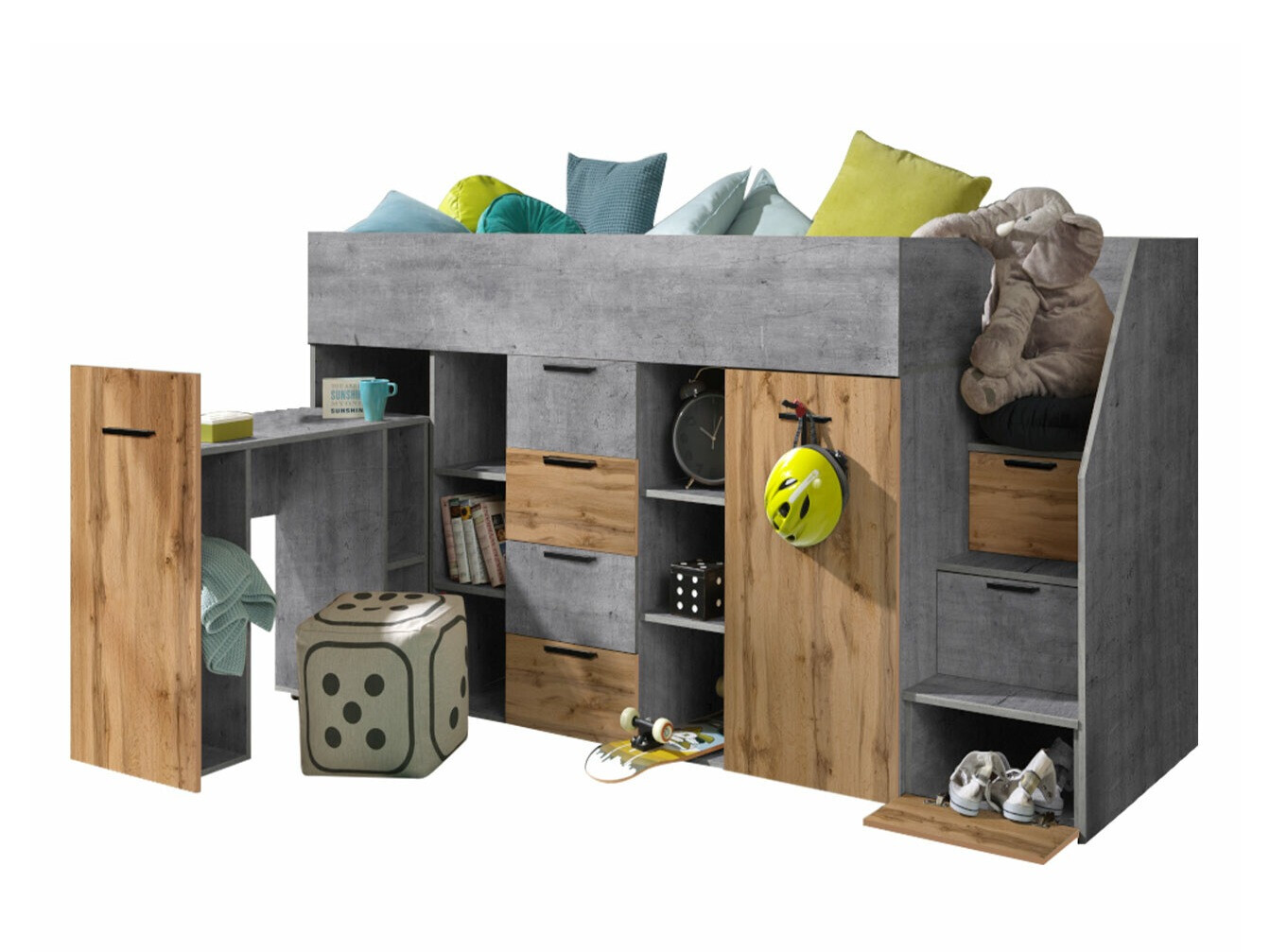 Cama alta Hartford 364 (Cimento + Carvalho wotan)