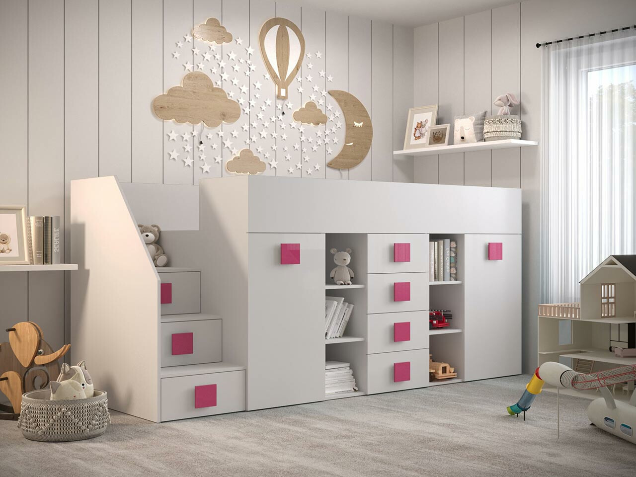 Cama alta Hartford 366 (Branco + Branco brilhante + Rosa)