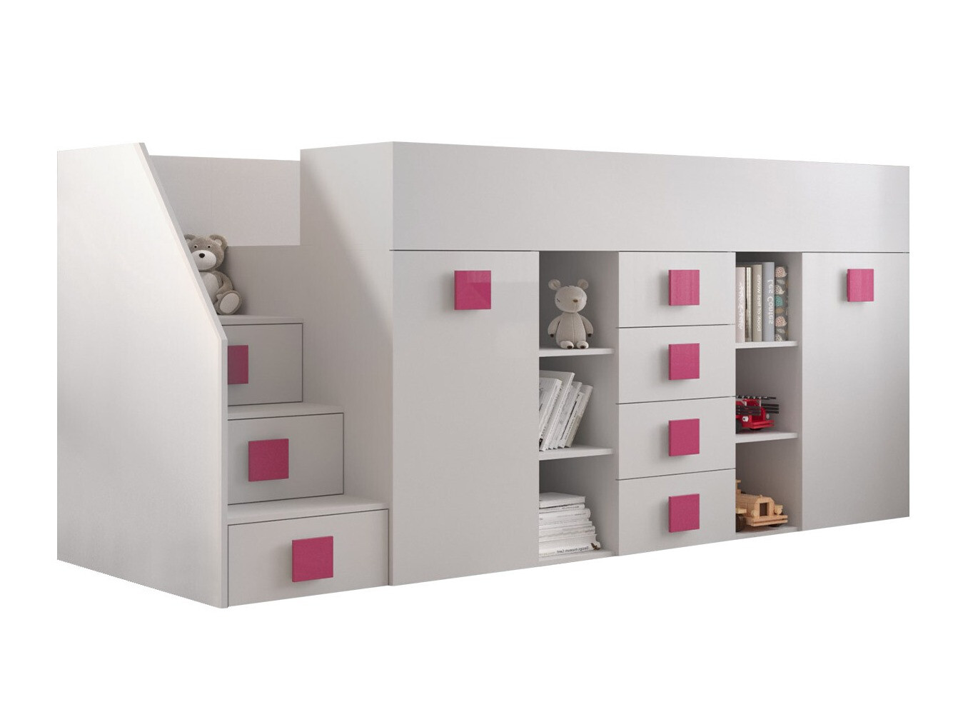 Cama alta Hartford 366 (Branco + Branco brilhante + Rosa)
