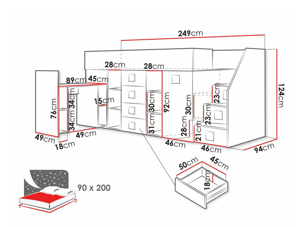 Cama alta Hartford 366 (Branco + Branco brilhante + Rosa)
