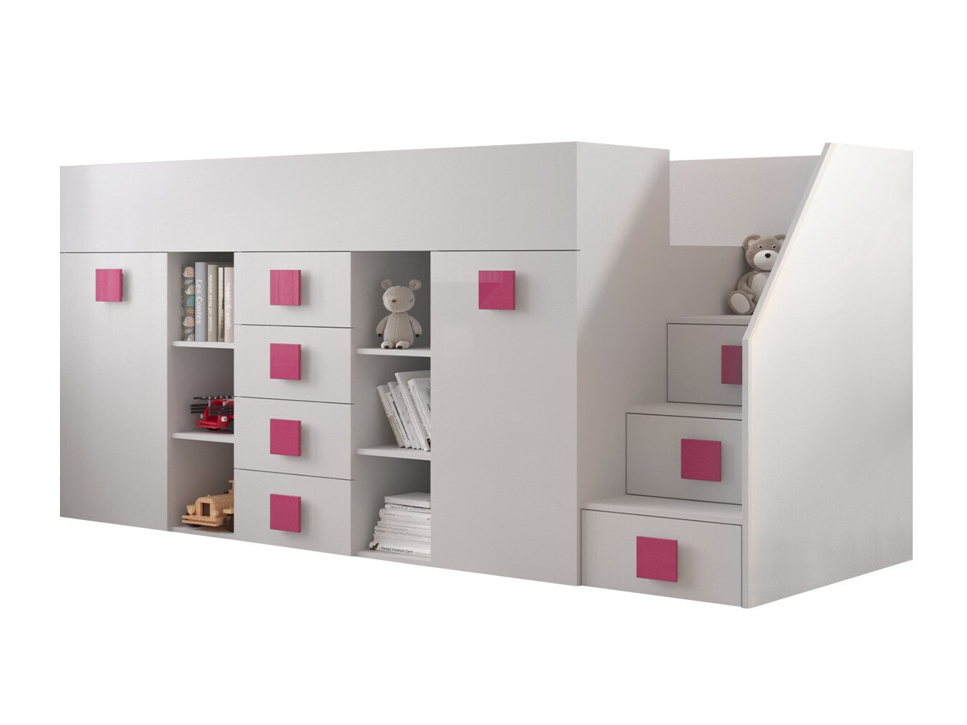 Cama alta Hartford 366 (Branco + Branco brilhante + Rosa)