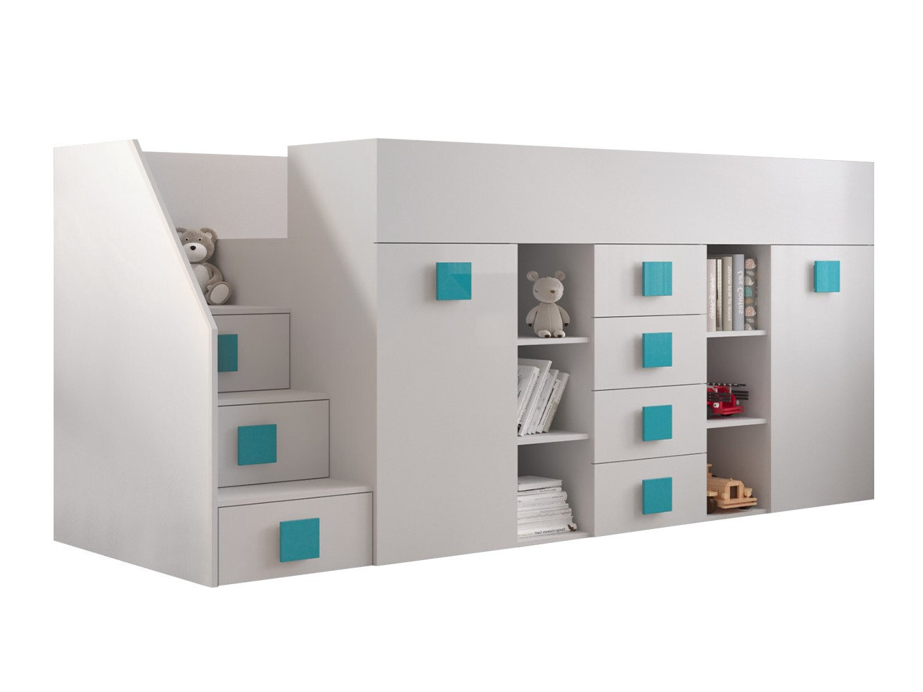 Cama alta Hartford 366 (Branco + Branco brilhante + Turquesa)