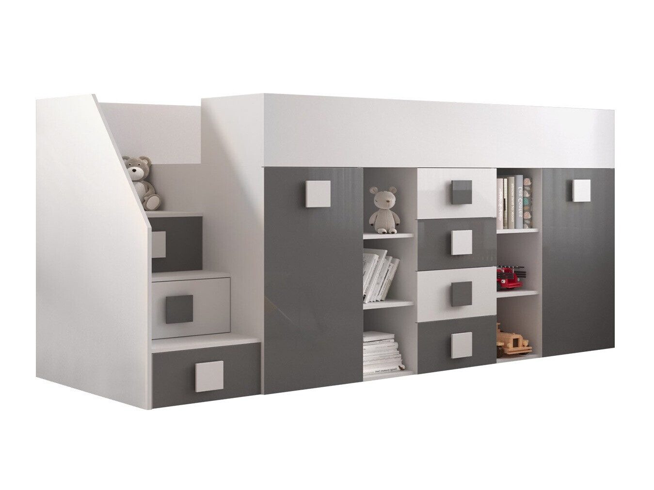 Cama alta Hartford 366 (Branco + Cinzento brilhante + Branco brilhante)