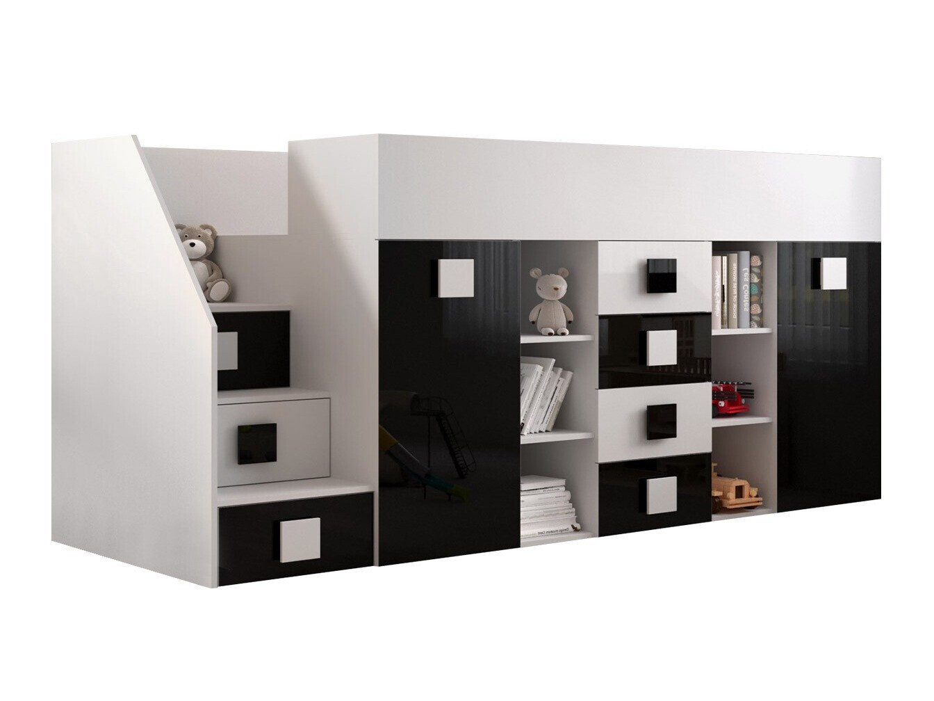 Cama alta Hartford 366 (Branco + Preto brilhante + Branco brilhante)