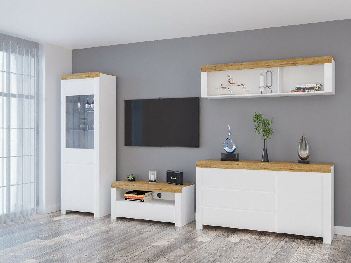 Conjunto para sala de estar Sonsoru 144 (Branco + Branco brilhante + Carvalho wotan)