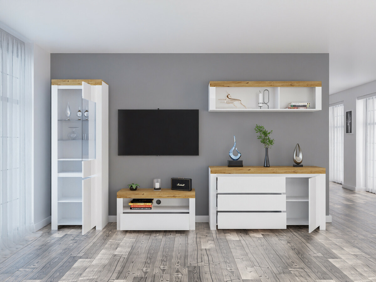 Conjunto para sala de estar Sonsoru 144 (Branco + Branco brilhante + Carvalho wotan)