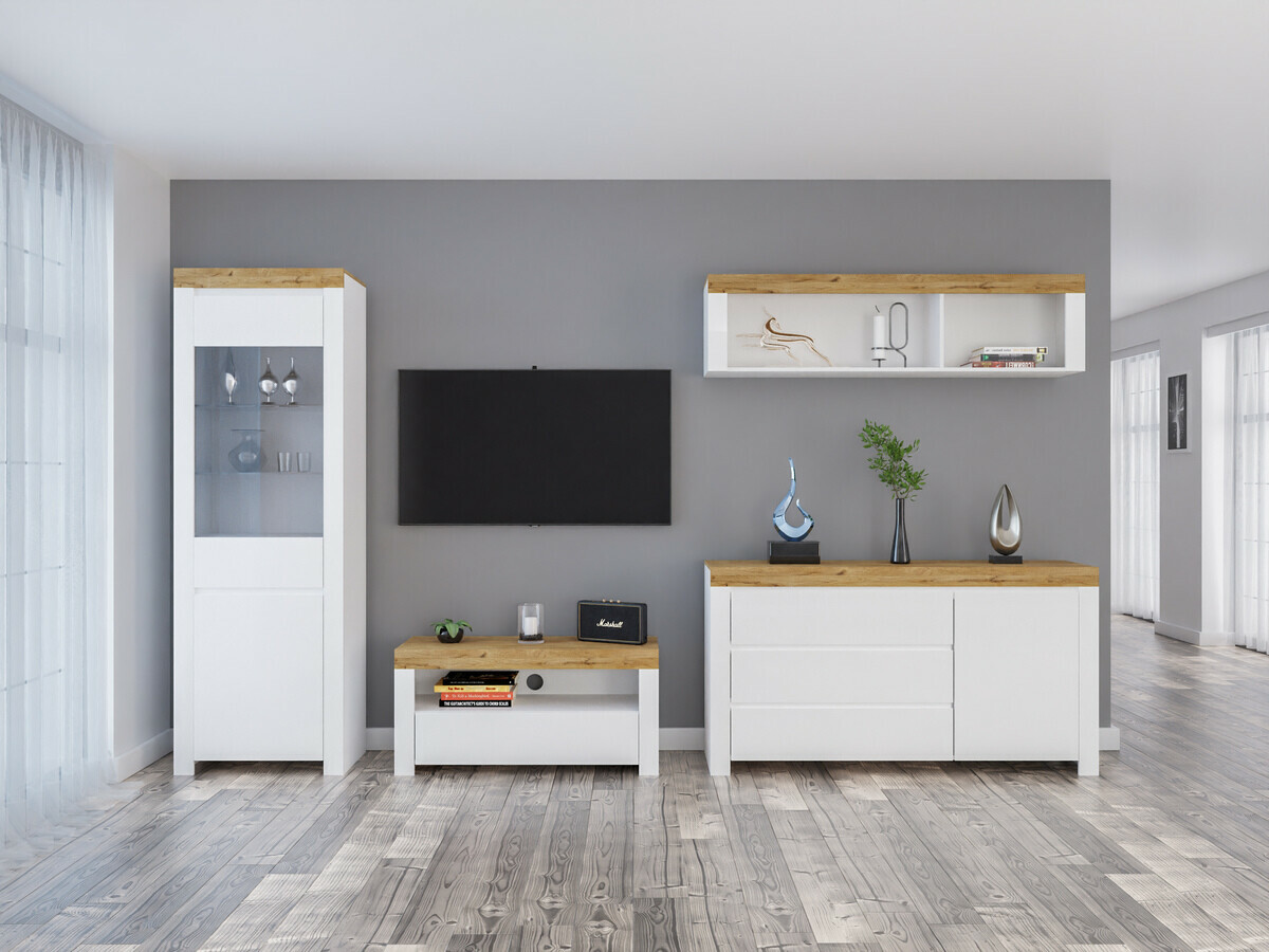 Conjunto para sala de estar Sonsoru 144 (Branco + Branco brilhante + Carvalho wotan)