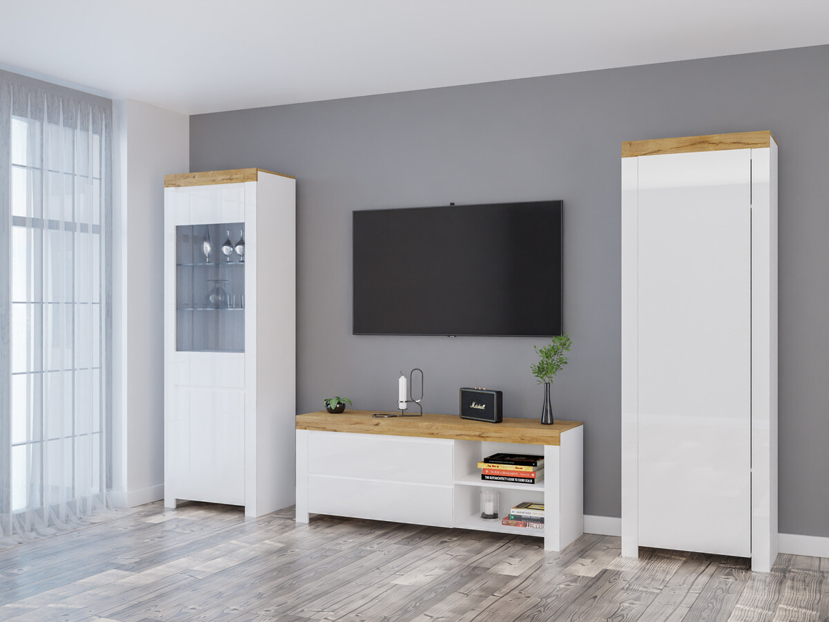 Conjunto para sala de estar Sonsoru 148 (Branco + Branco brilhante + Carvalho wotan)