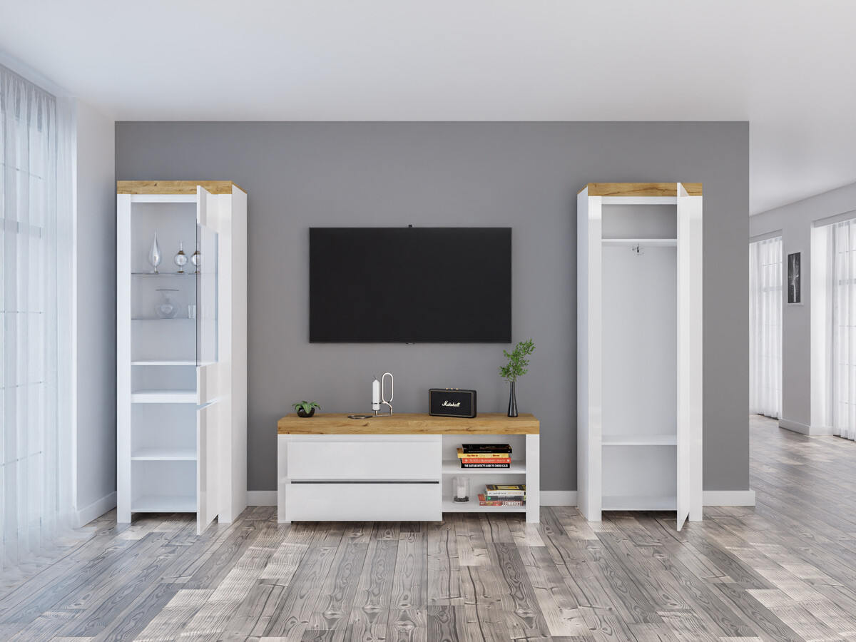 Conjunto para sala de estar Sonsoru 148 (Branco + Branco brilhante + Carvalho wotan)