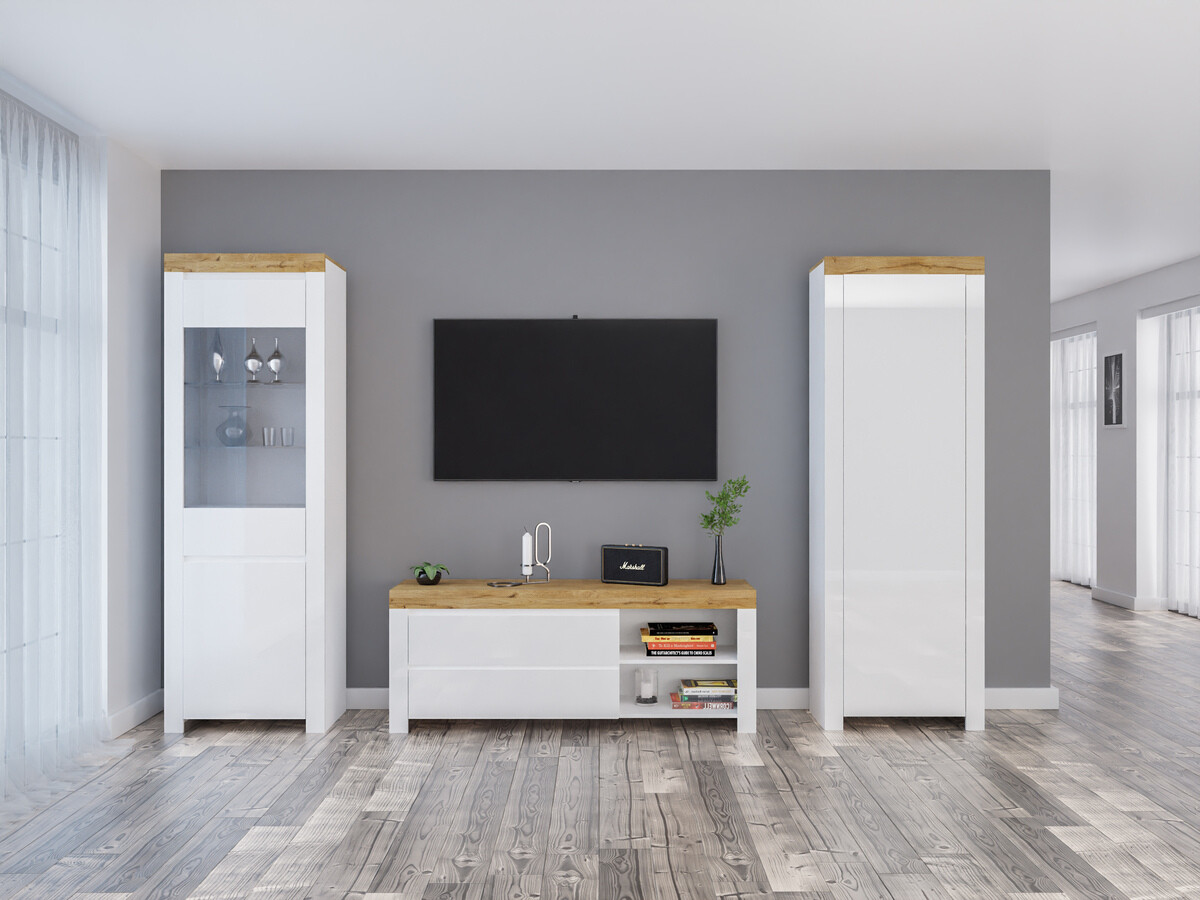 Conjunto para sala de estar Sonsoru 148 (Branco + Branco brilhante + Carvalho wotan)