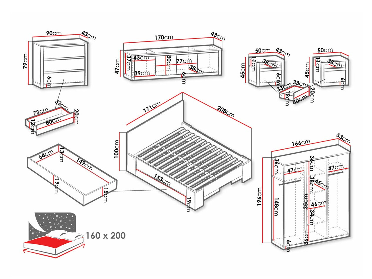 Conjunto para quarto Deldale 117 (Carvalho Artisan + Cinzento)