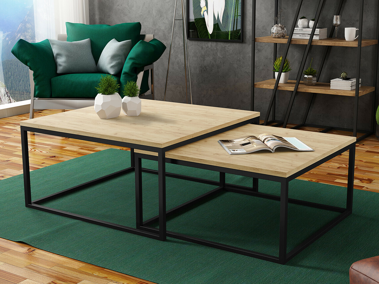 Conjunto de mesa de centro Oswego 101 (Craft carvalho + Preto)