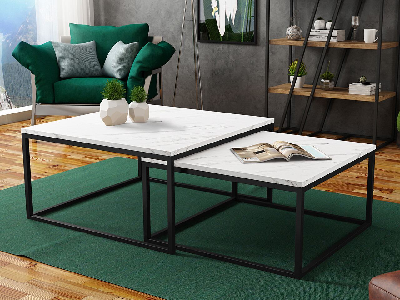 Conjunto de mesa de centro Oswego 101 (Marmore branco + Preto)