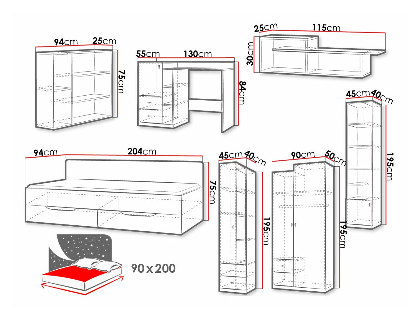 Conjuntos para quartos de criança Omaha F128 (Grafite + Cinzento)