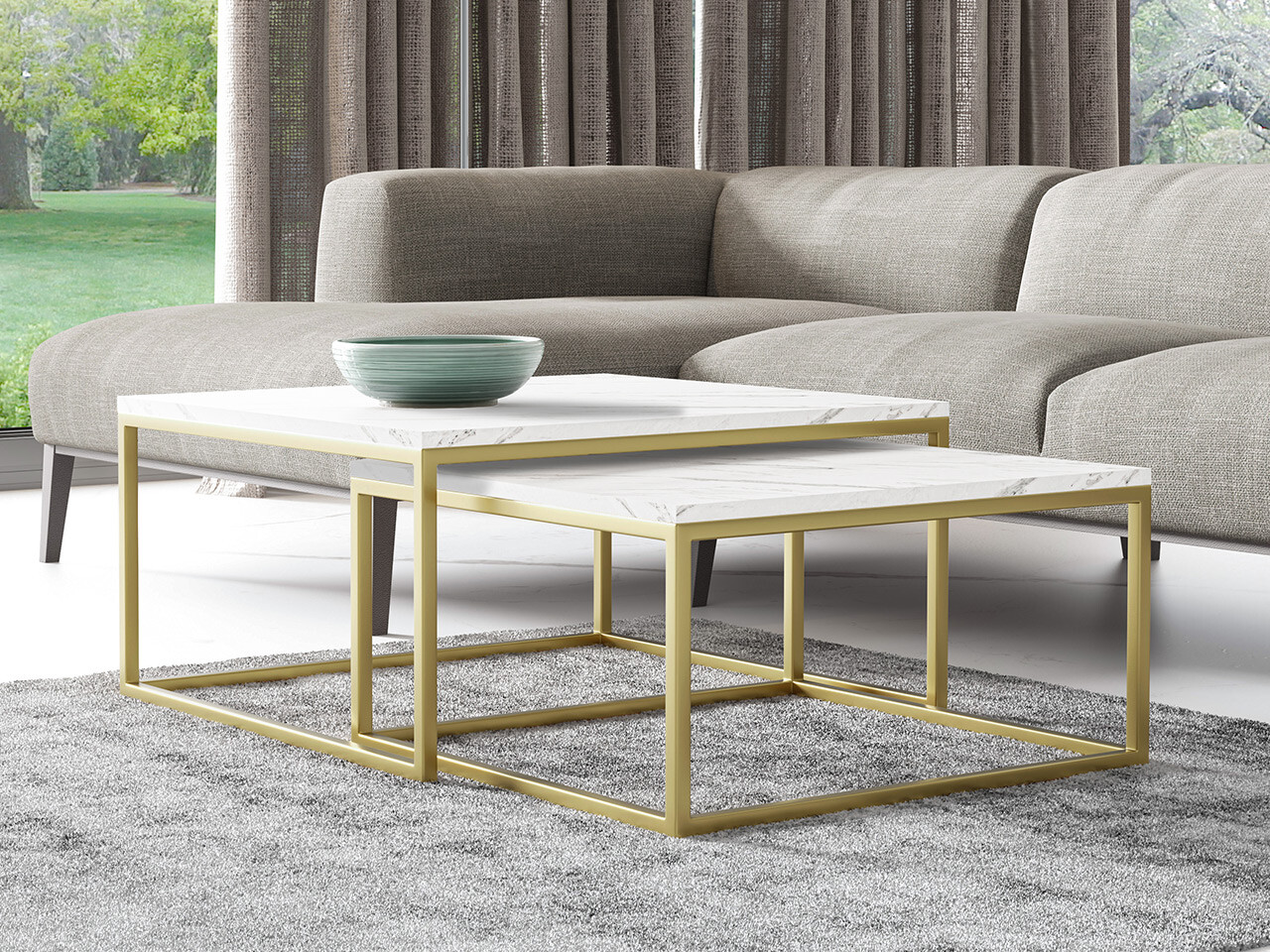 Conjunto de mesa de centro Oswego 102 (Marmore branco + Dourado)