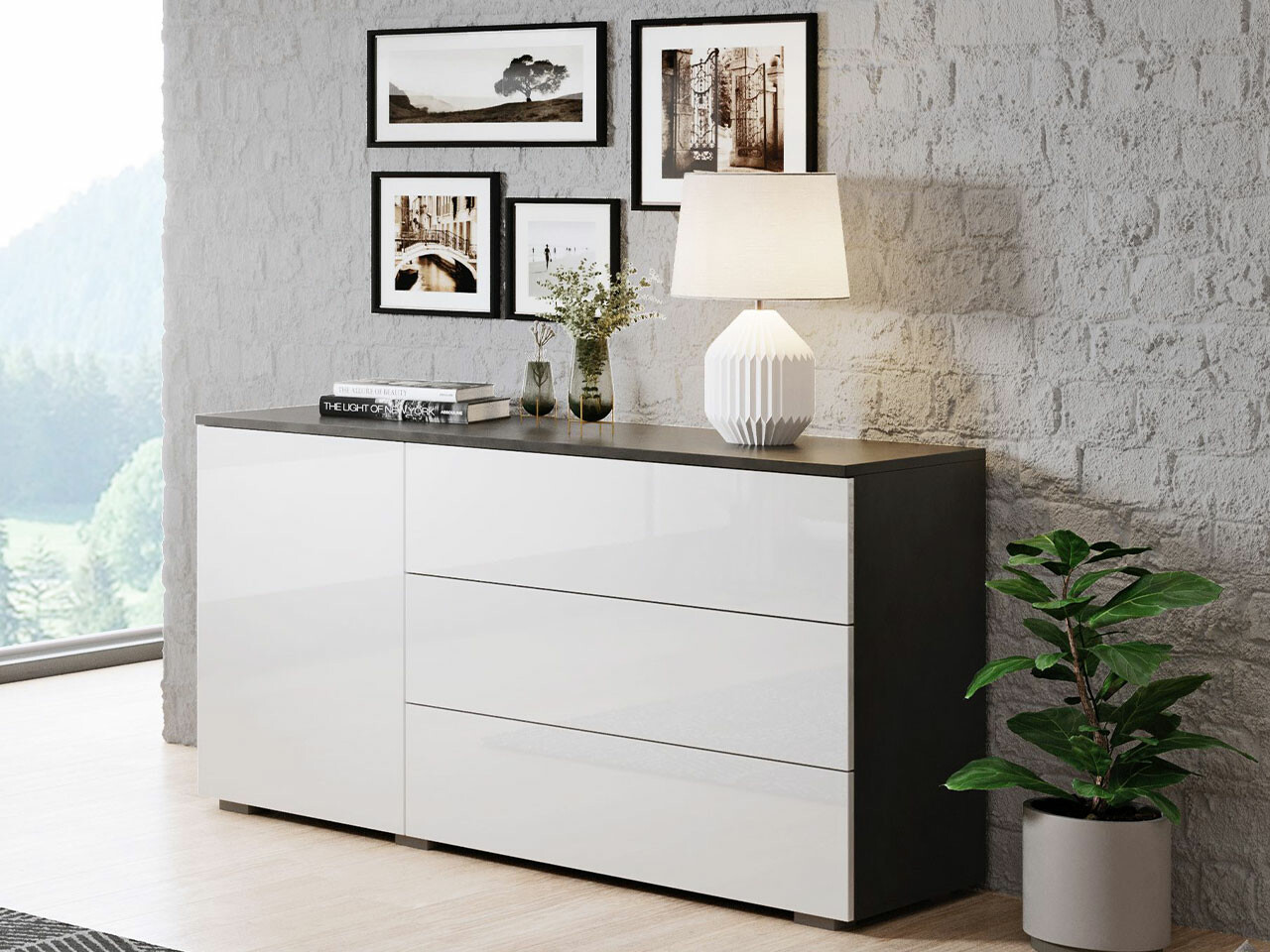 Cómoda Sarasota 128 (Cinzento escuro + Branco brilhante)