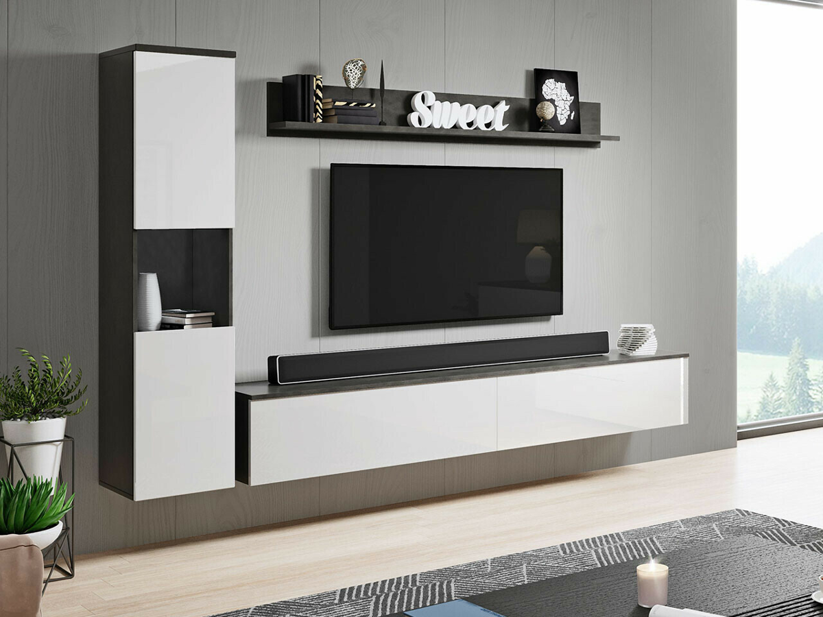 Conjunto para sala de estar Sarasota 130 (Cinzento escuro + Branco brilhante)