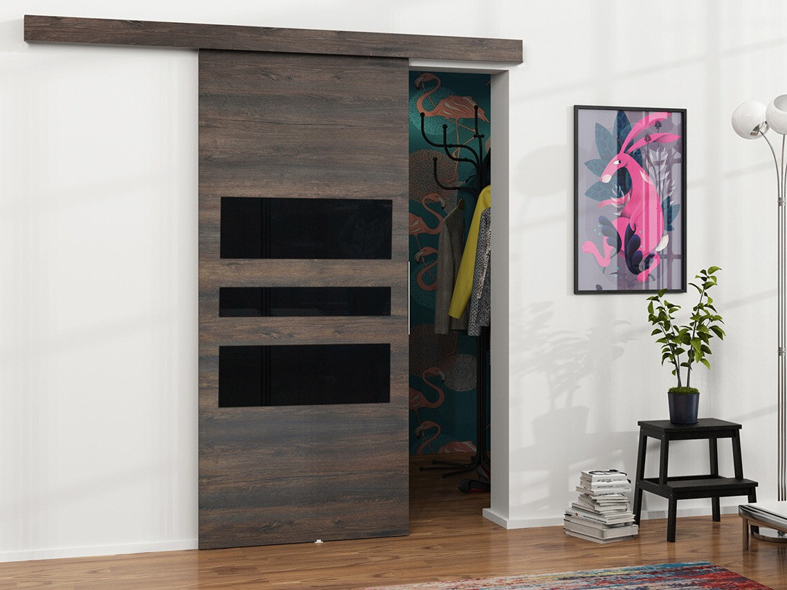 Porta de correr Dover 140 (Madeira de freixo escura + Preto)