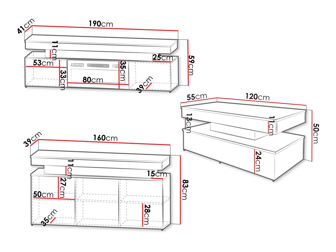 Conjunto para sala de estar Monfero I (Preto + Preto brilhante)