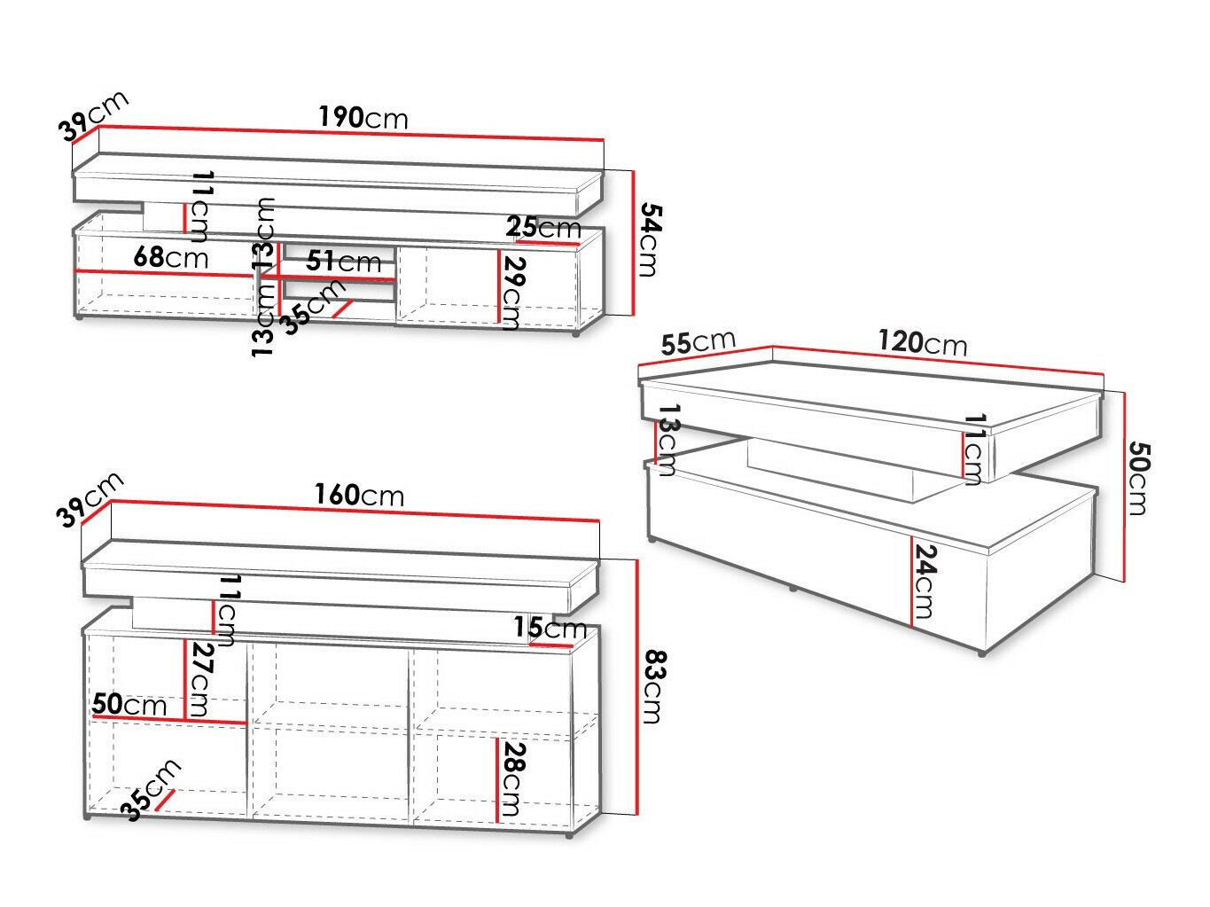Conjunto para sala de estar Monfero (Preto + Preto brilhante)