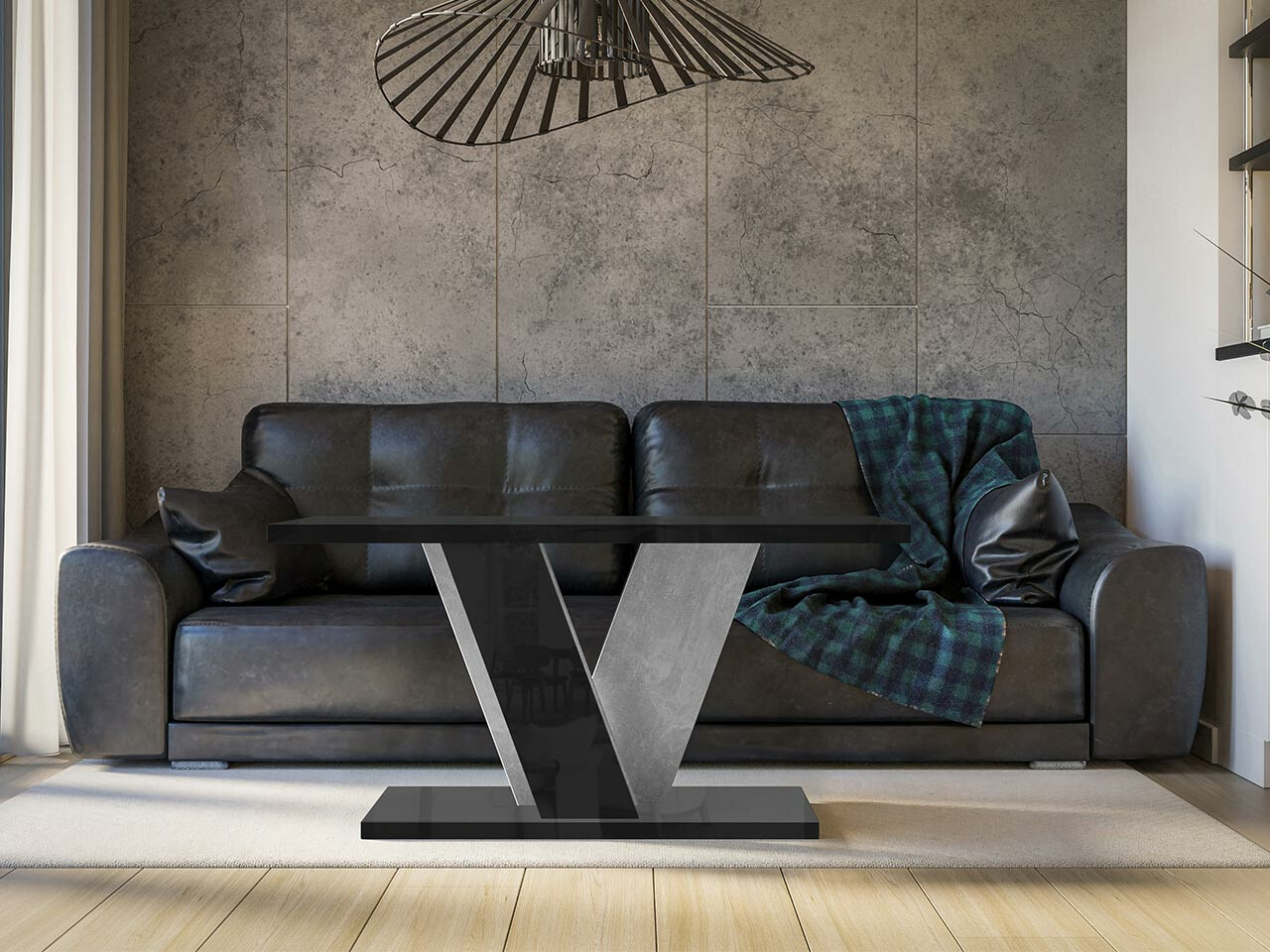 Mesa de centro Goodyear 128 (Preto brilhante + Cimento)