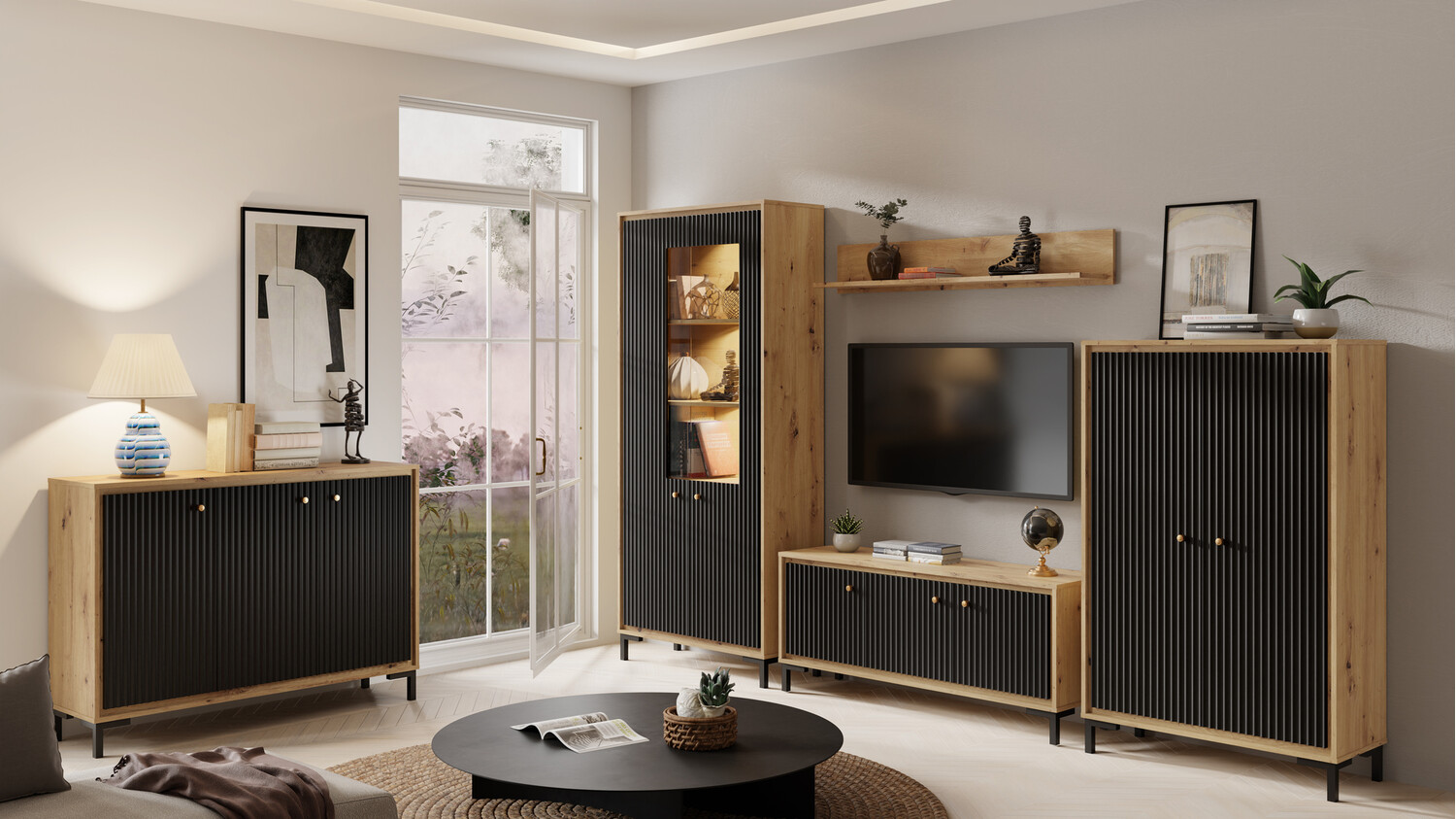 Estante Reno J103 (Preto matte + Carvalho Artisan)