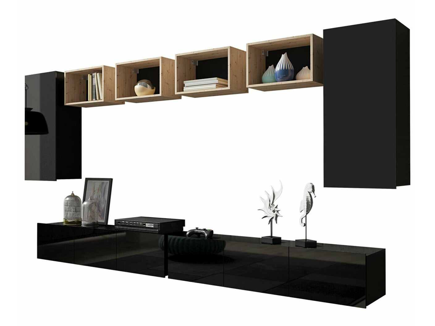 Conjunto para sala de estar Tivdalu 155 (Preto + Preto brilhante + Carvalho Artisan)