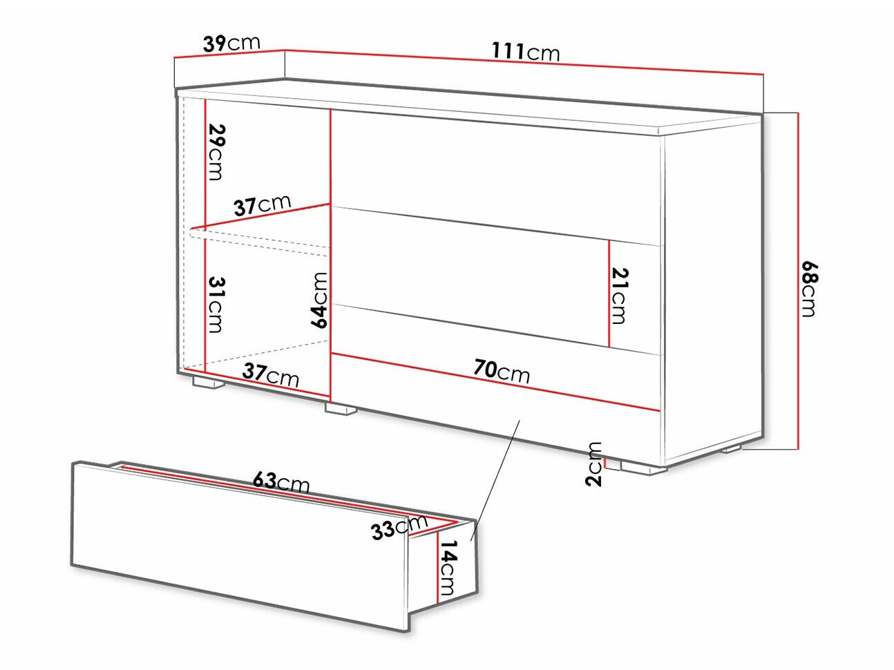 Cómoda Sarasota 128 (Cinzento escuro + Branco brilhante)