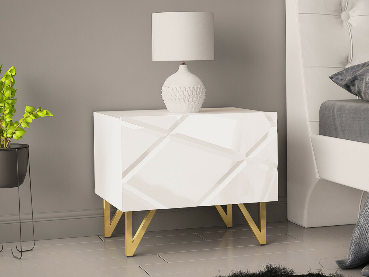 Mesa de cabeceira Mavmave 103 (Branco + Branco brilhante)