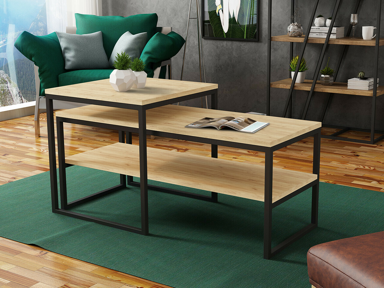 Conjunto de mesa de centro Oswego 106 (Craft carvalho + Preto)