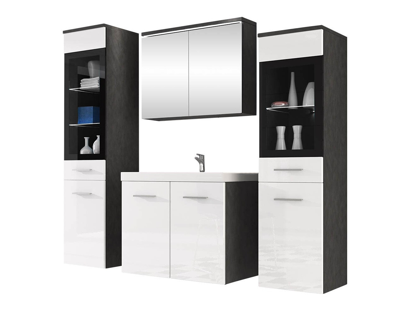 Conjunto para casa de banho Scientia III (Branco brilhante + Matera cinzento)