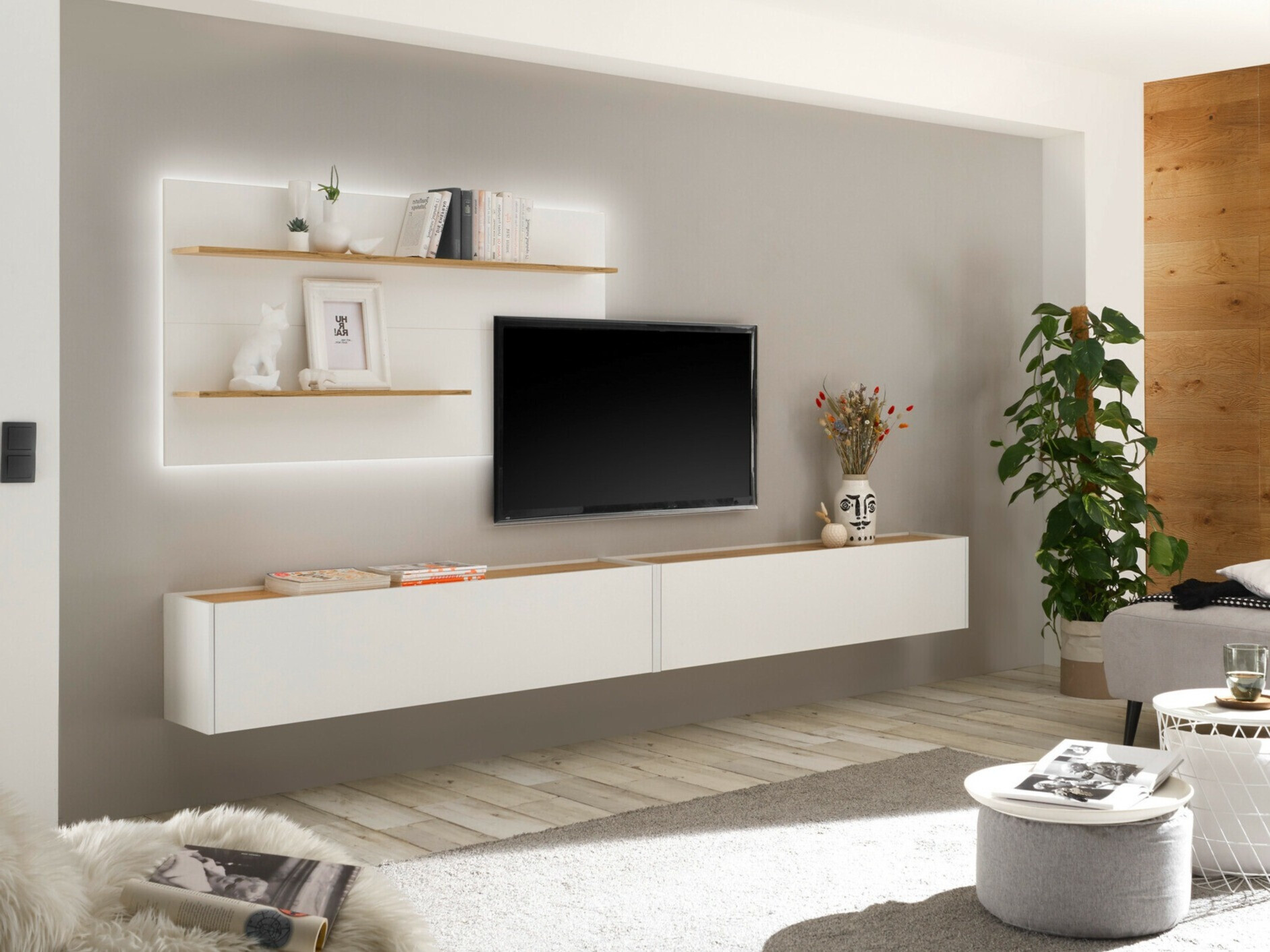 Conjunto para sala de estar Elbsori 120 (Branco + Carvalho wotan)