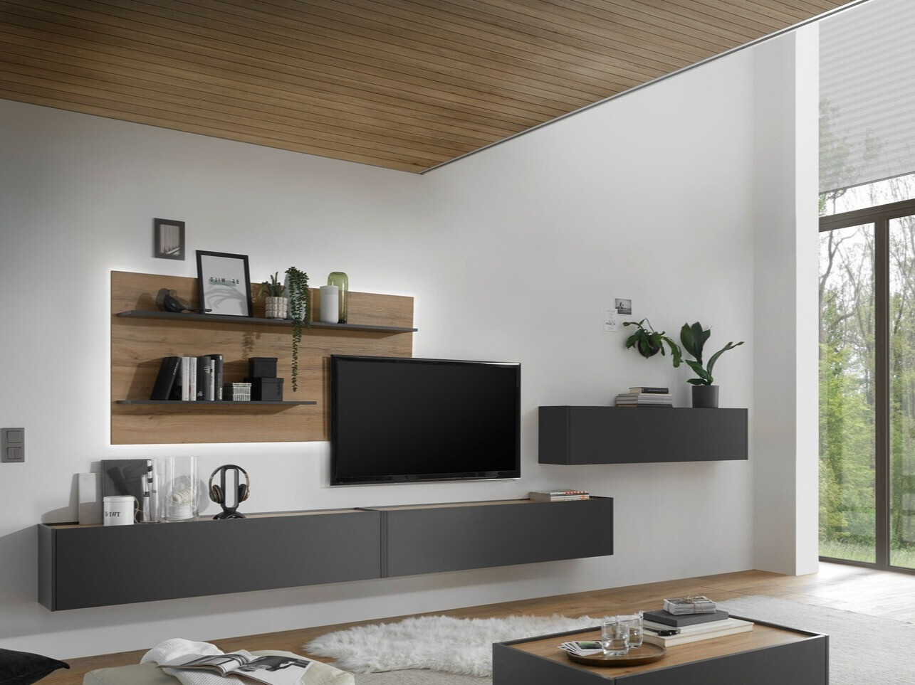 Conjunto para sala de estar Elbsori 121 (Antracite + Carvalho wotan)