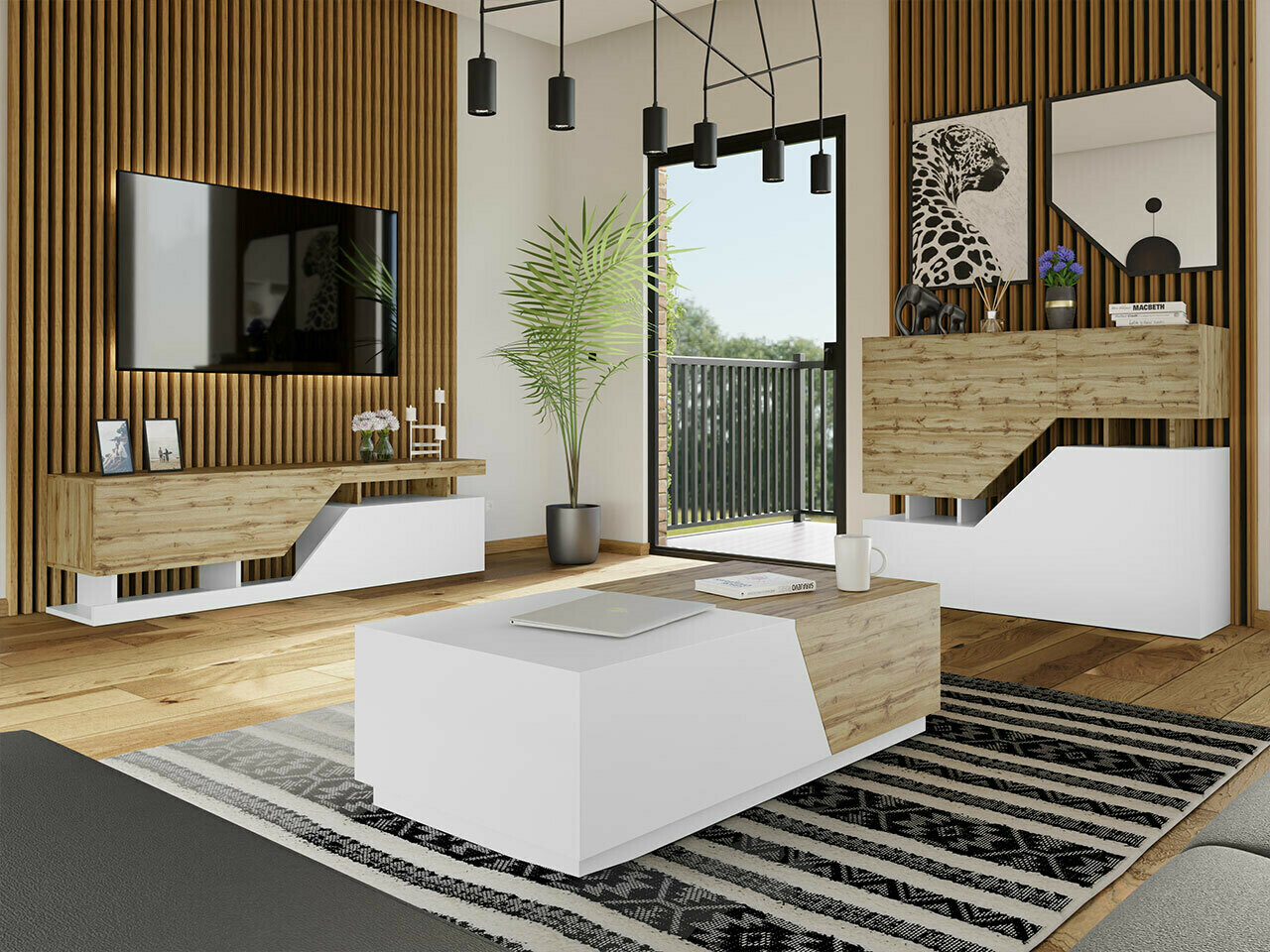 Conjunto para sala de estar Comfivo Daldune I (Carvalho wotan + Branco)