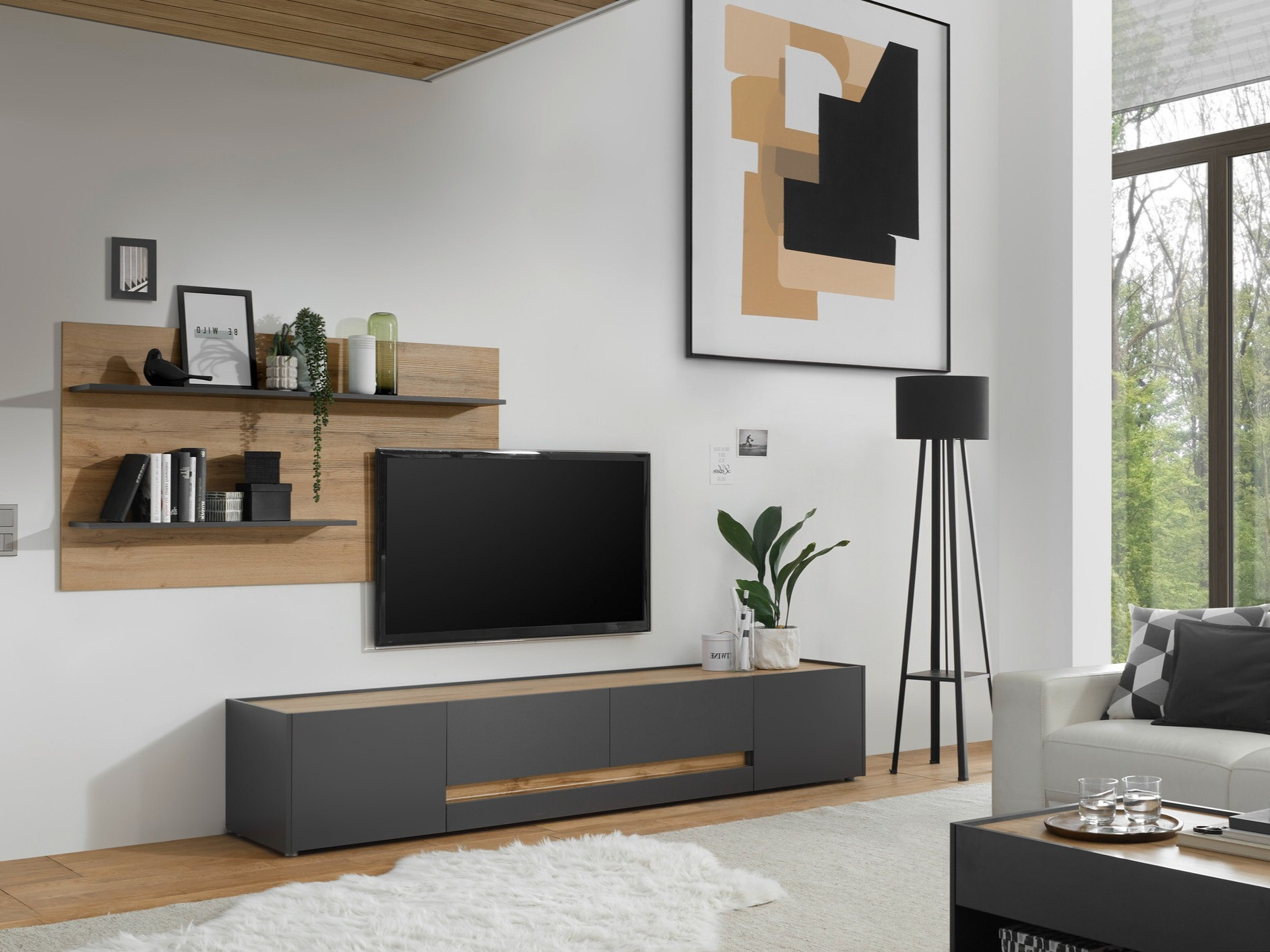 Conjunto para sala de estar Elbsori 124 (Antracite + Carvalho wotan)