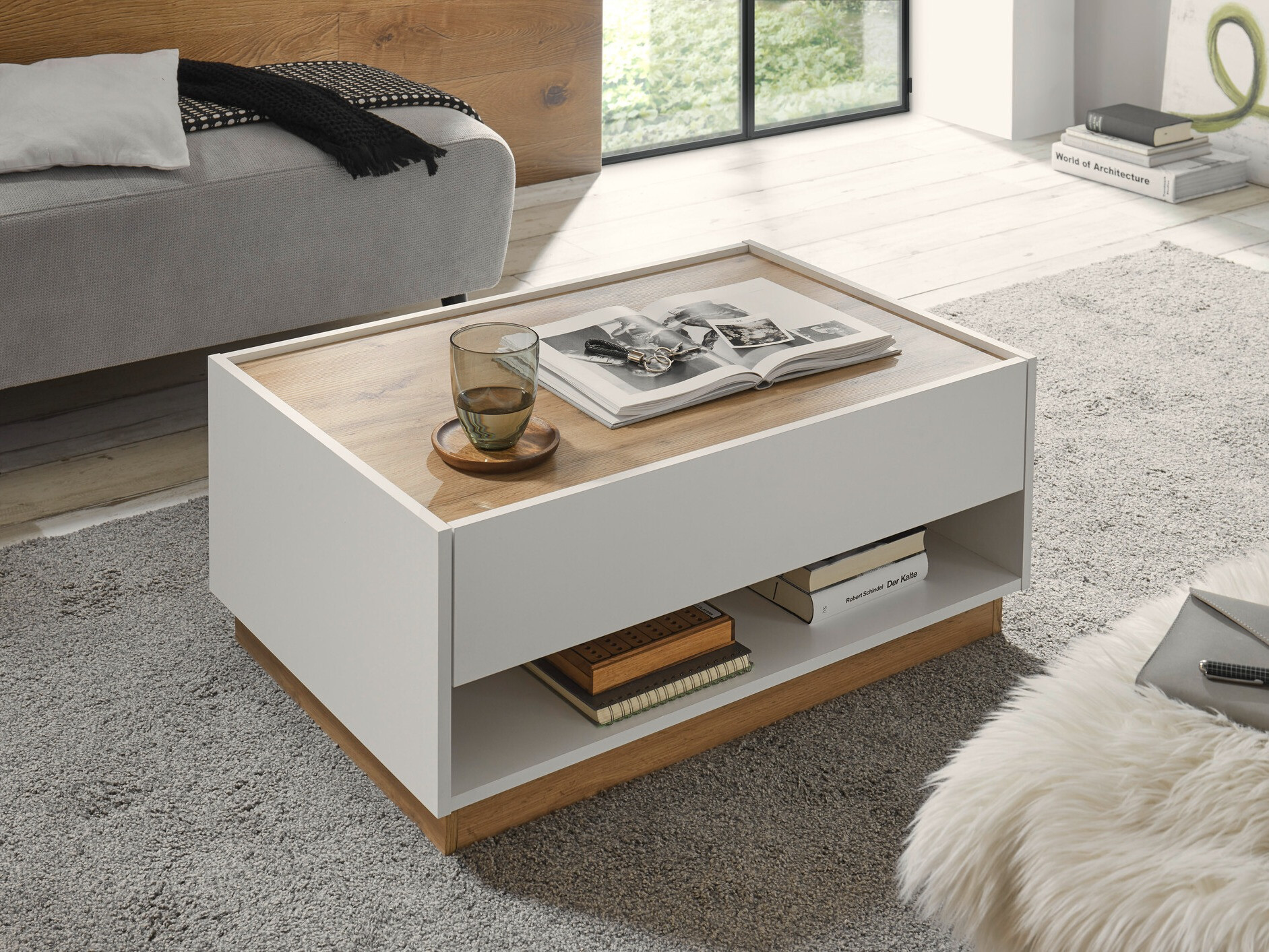 Mesa de centro Elbsori 123 (Branco + Carvalho wotan)