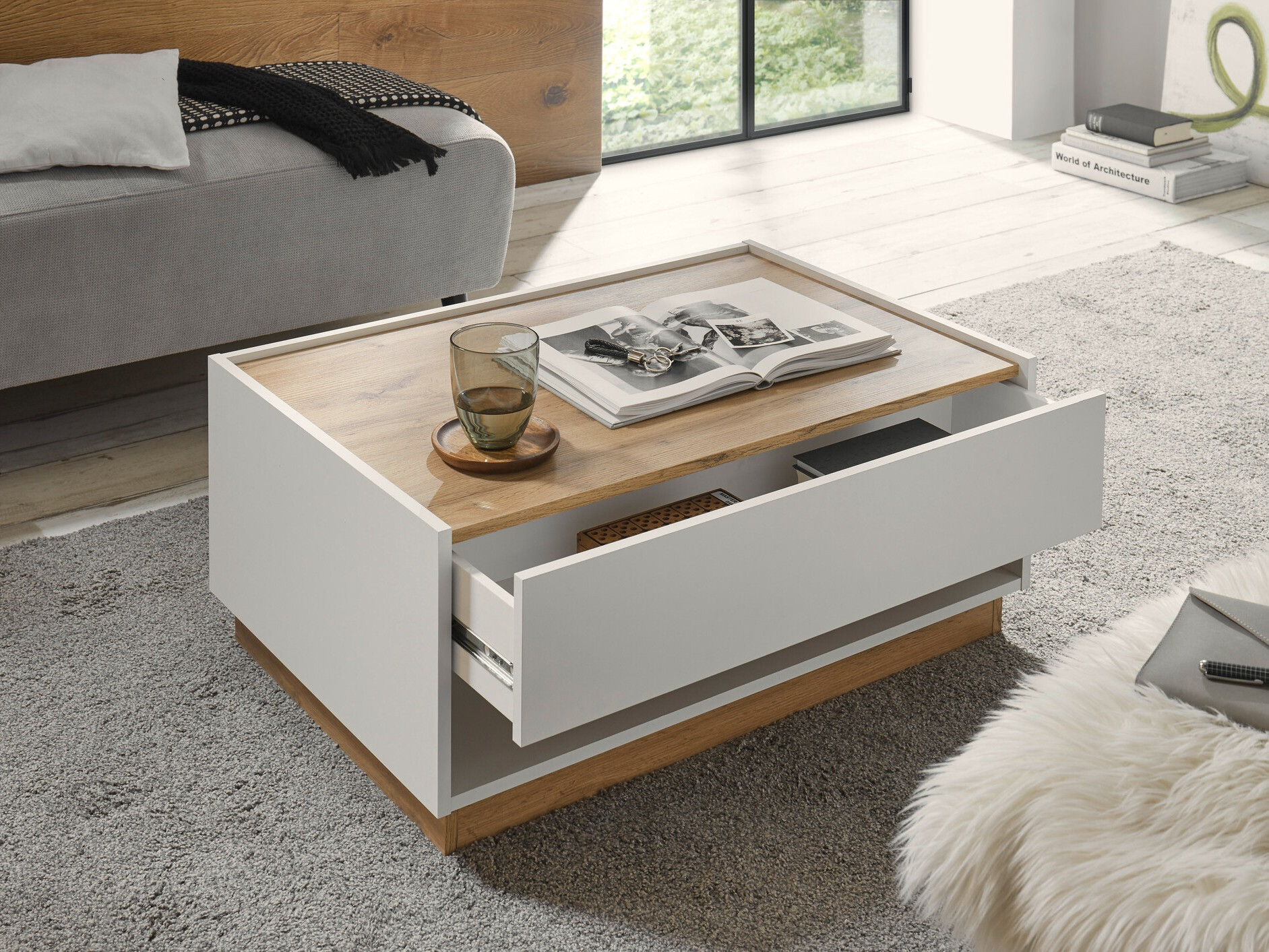 Mesa de centro Elbsori 123 (Branco + Carvalho wotan)