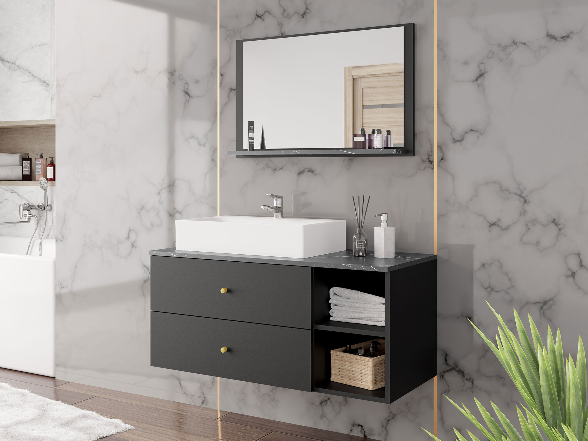 Conjunto para casa de banho Salus I (Preto + Mármore preto)