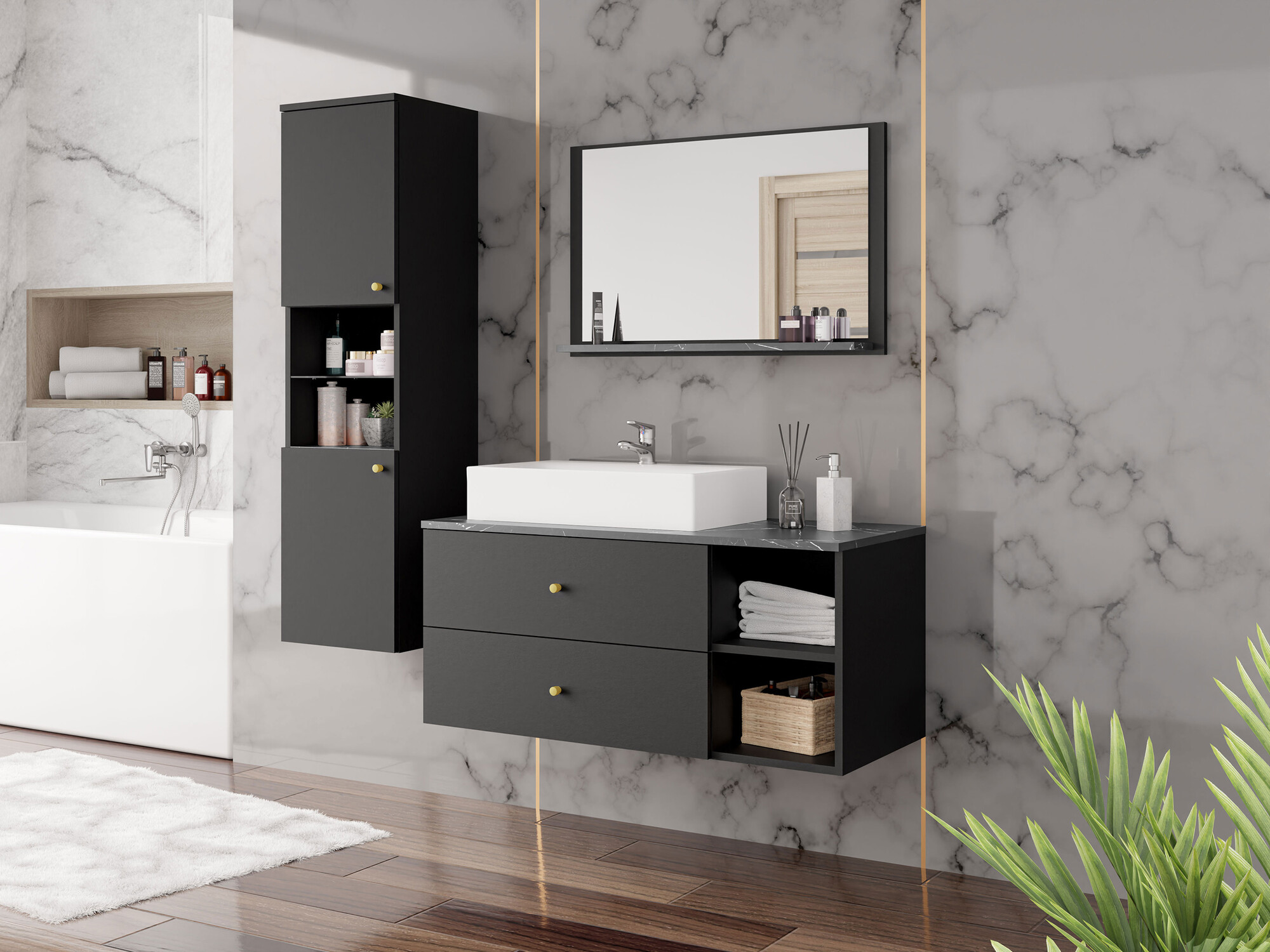 Conjunto para casa de banho Salus II (Preto + Mármore preto)
