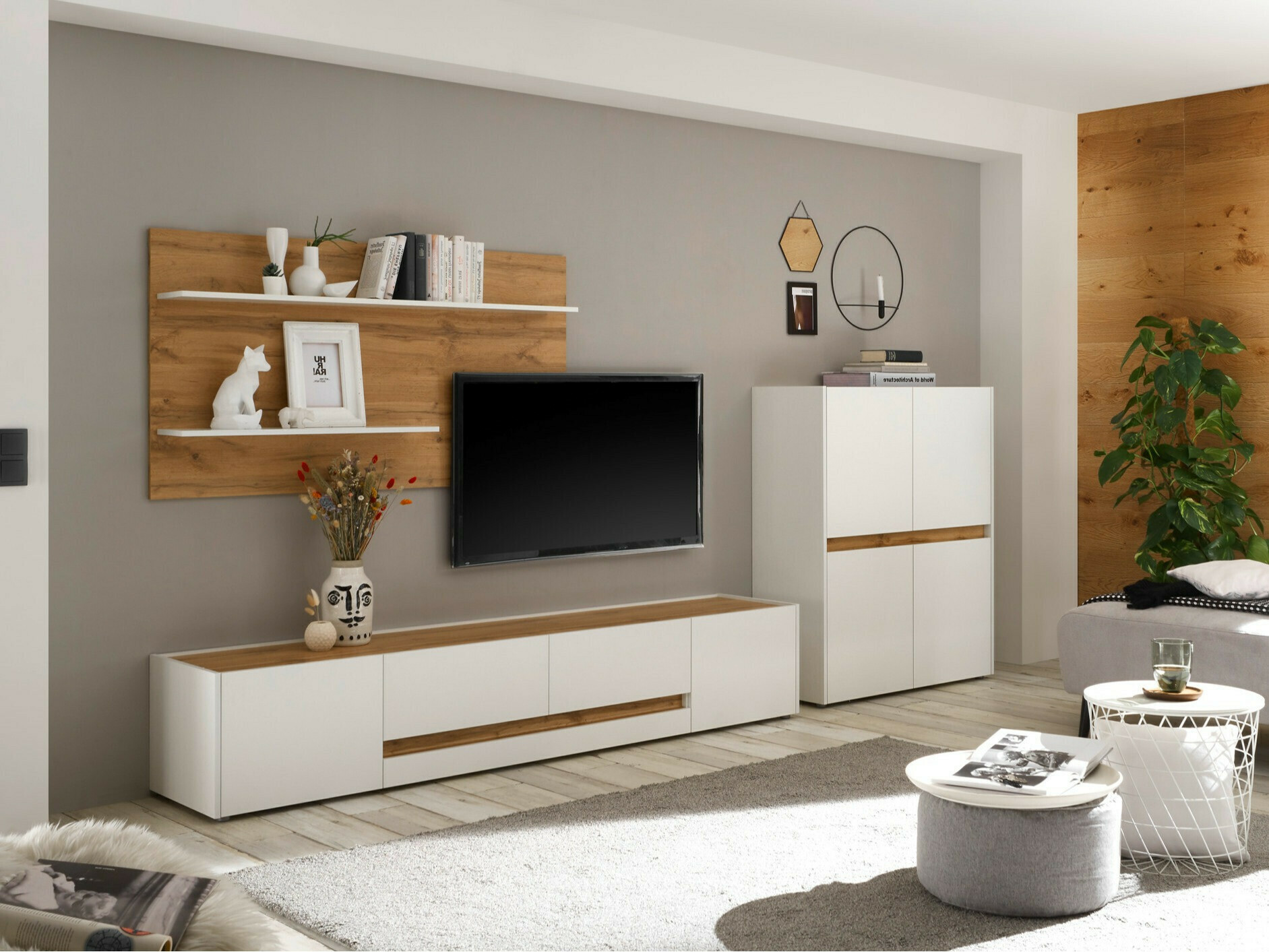 Conjunto para sala de estar Elbsori 127 (Branco + Carvalho wotan)