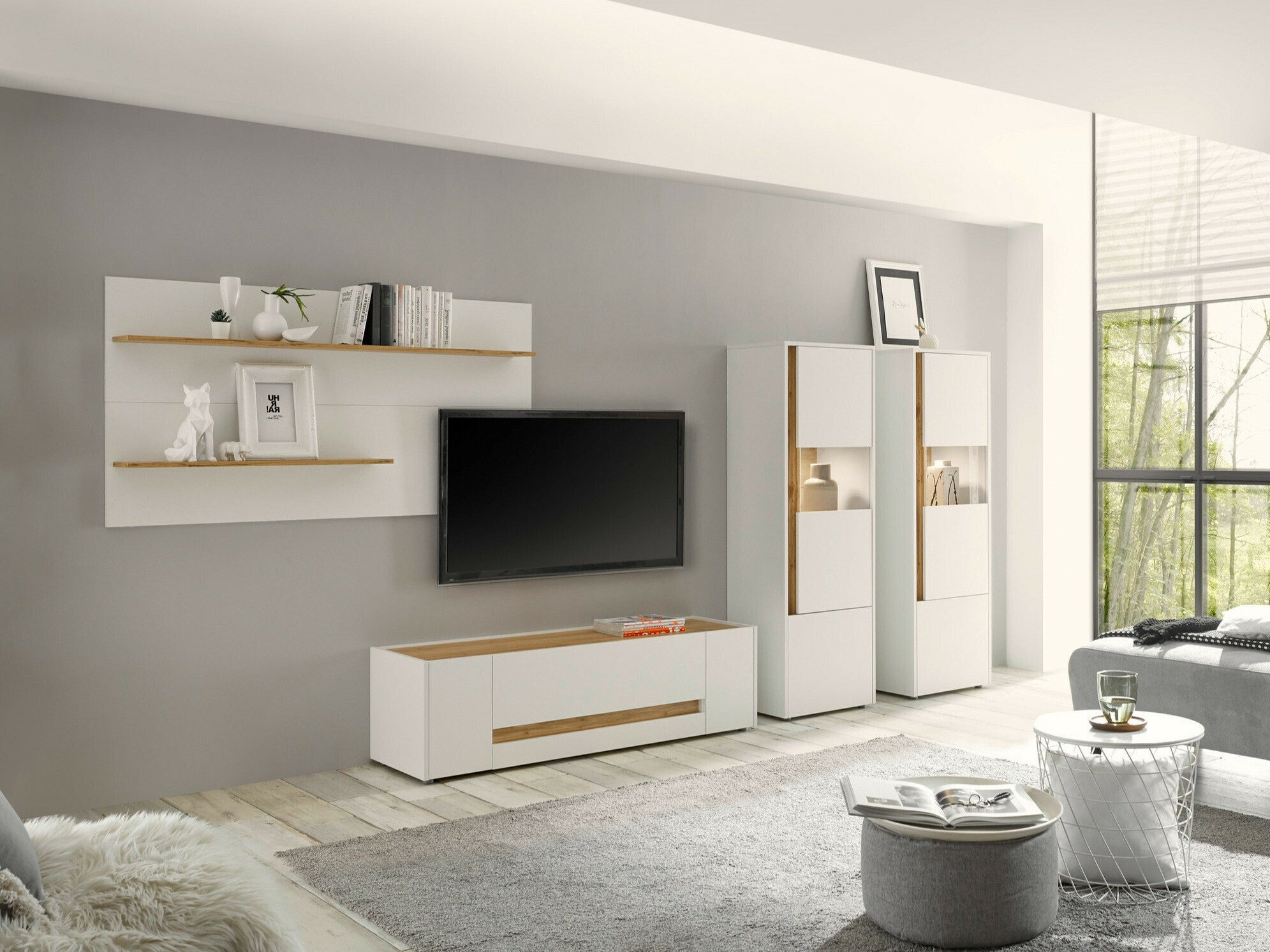 Conjunto para sala de estar Elbsori 128 (Branco + Carvalho wotan)