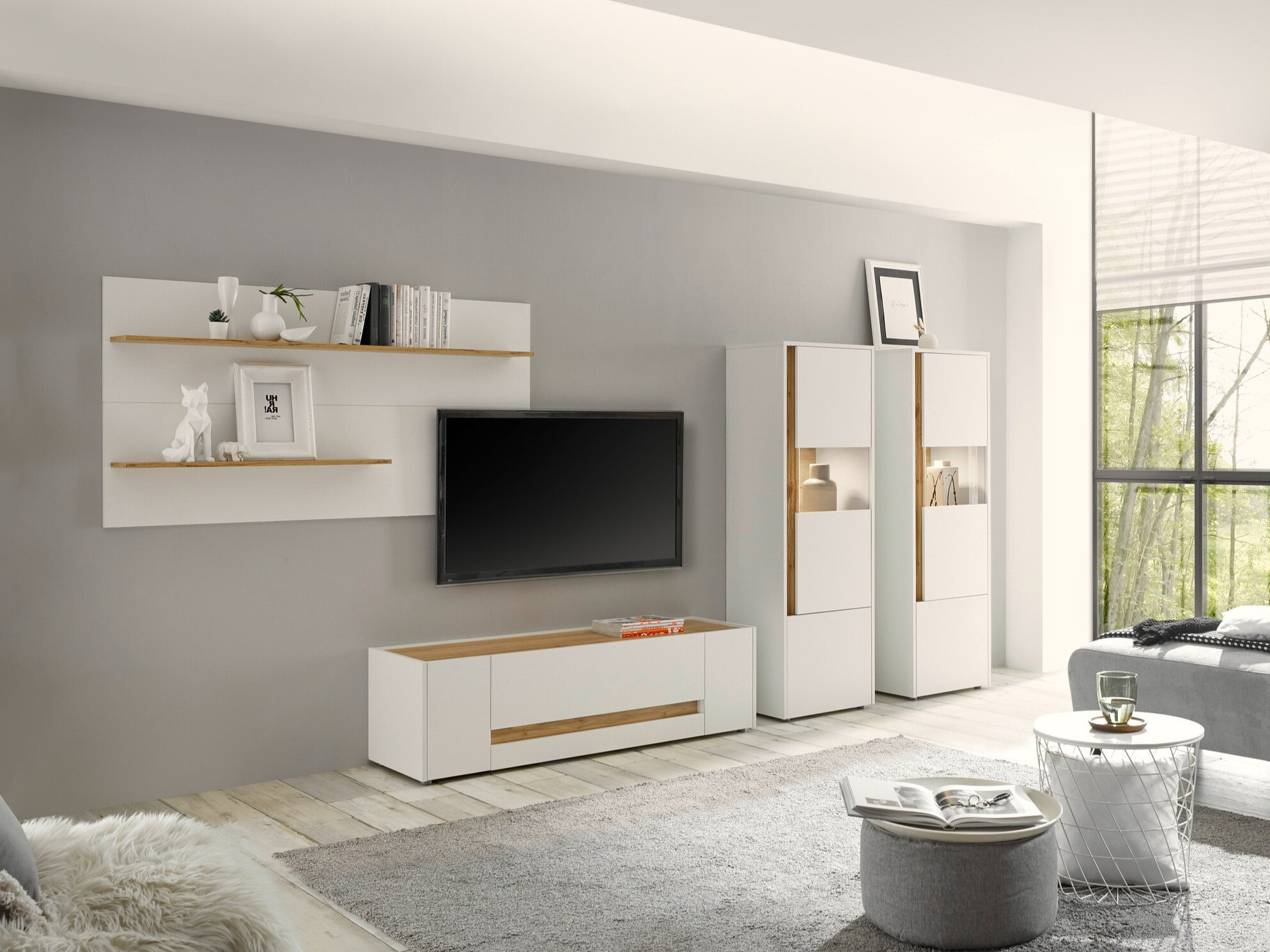 Conjunto para sala de estar Elbsori 128 (Branco + Carvalho wotan)