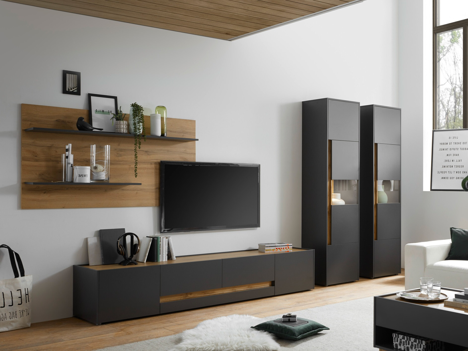 Conjunto para sala de estar Elbsori 132 (Antracite + Carvalho wotan)